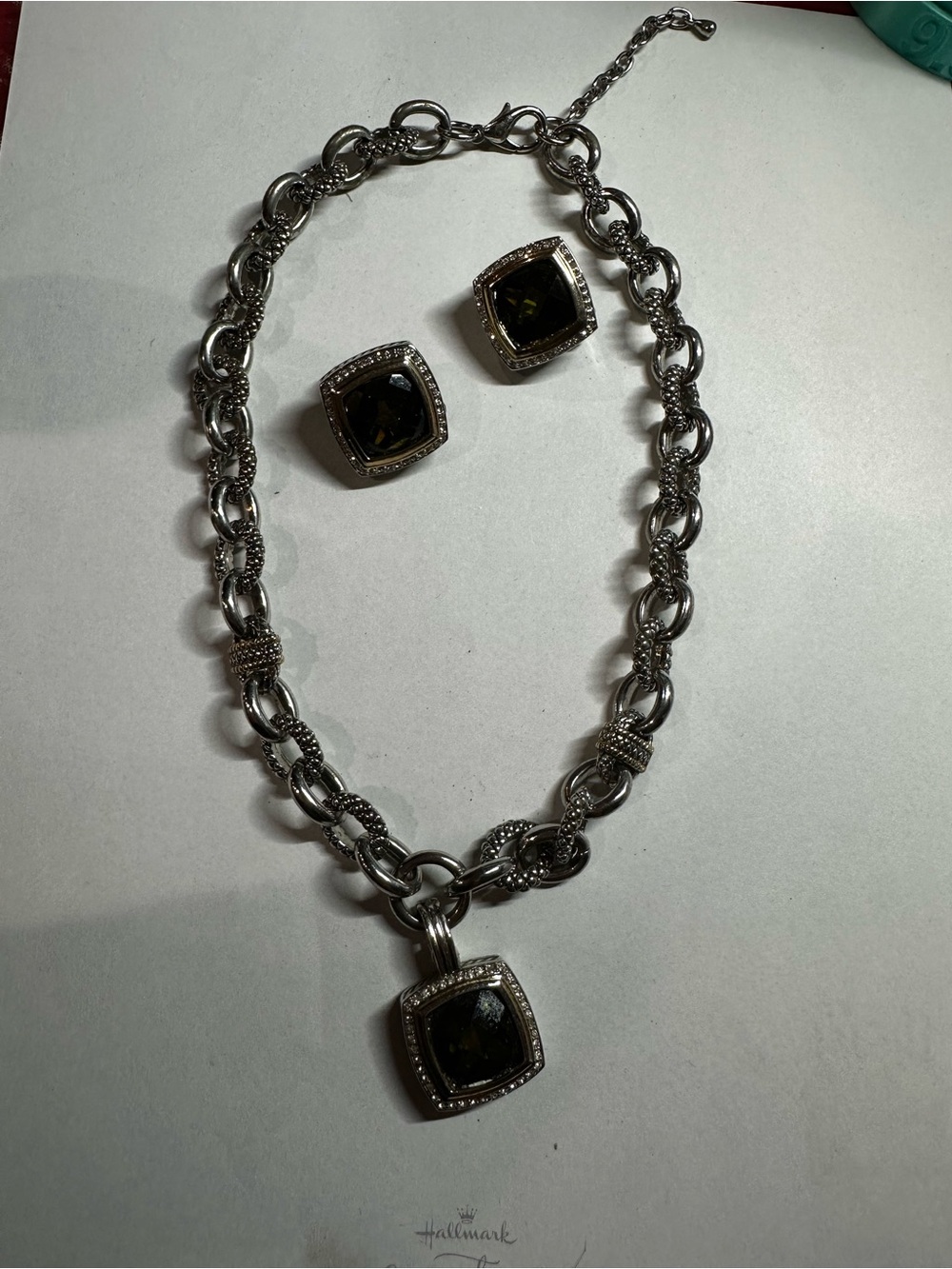 Vtg Olive Green Crystal Cushion Enhancer Necklace Clip Earrings Set Brighton Sty